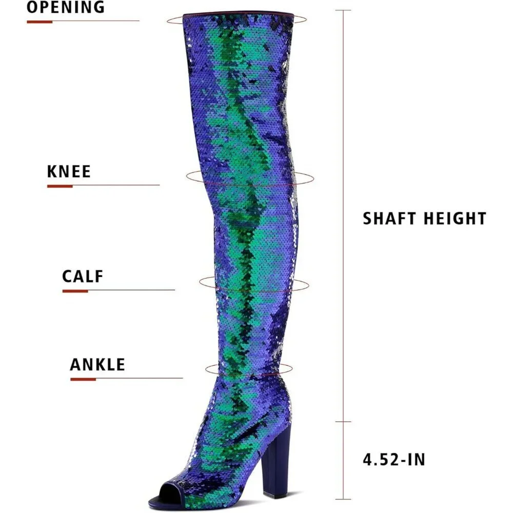 🆕Women Blue Sequin Over The Knee High Party Prom Open Toe Chunky High Heel Boot
